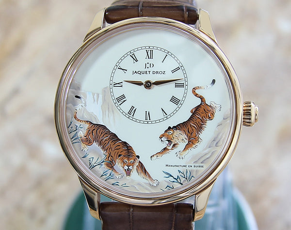 Jaquet Droz Petite Minute Tiger 18k Rose Gold Museum Quality Men’s Watch